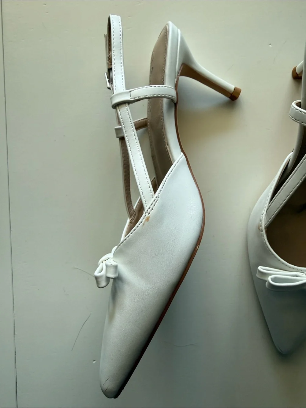 White Pointed Slingback Heels with Bow Accent